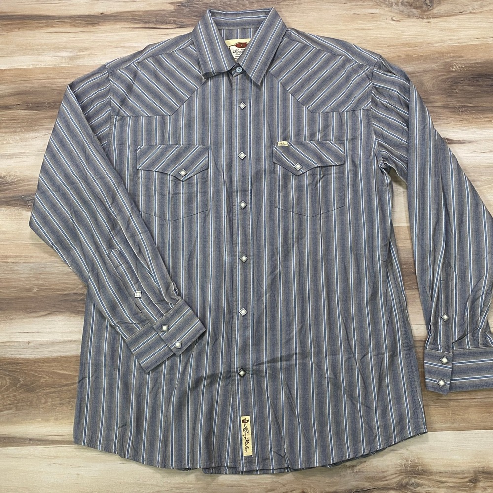 Larry Mahan Western Shirt Large Diamond Pearl Snap Striped Cowboy Blue Brown